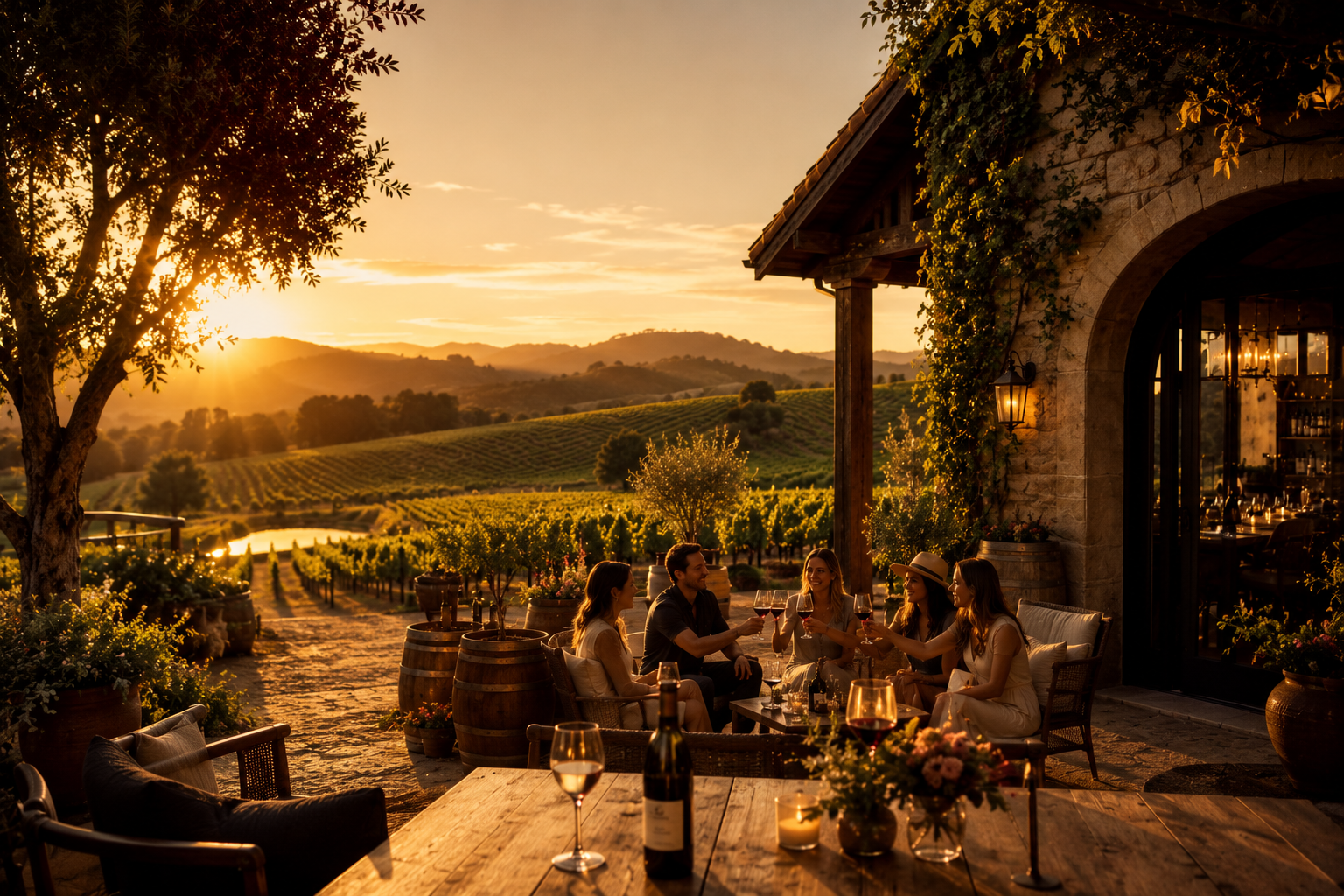Golden-hour guests at a vineyard wine tasting