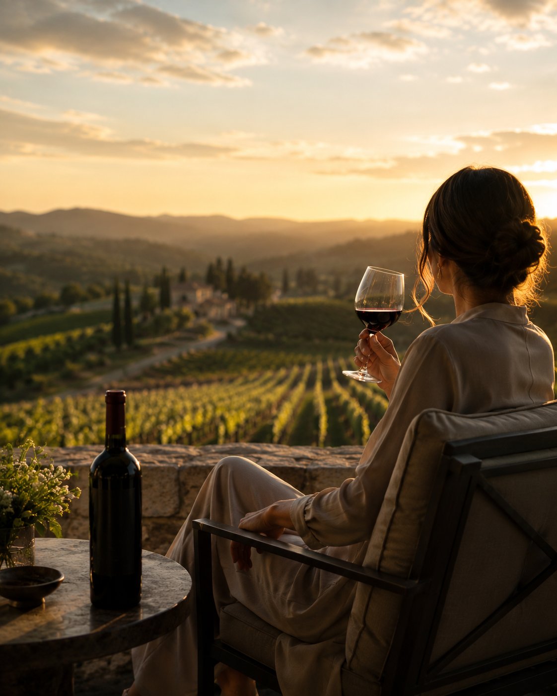 Winery guest enjoying a glass of wine overlooking sunlit vineyards