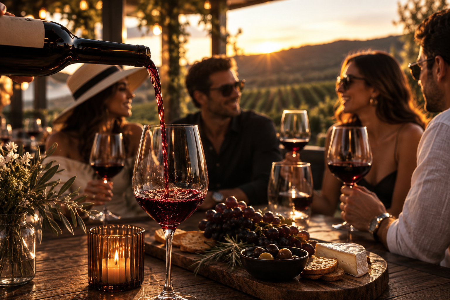 Friends sharing wine at sunset in a vineyard tasting room