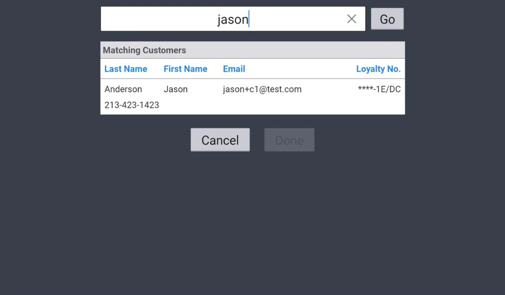 Toast customer lookup showing a matching club member with their loyalty number
