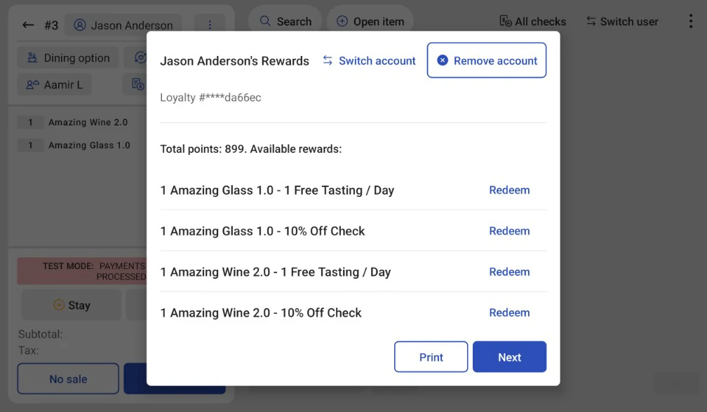 Toast rewards screen listing a member's points and redeemable club rewards
