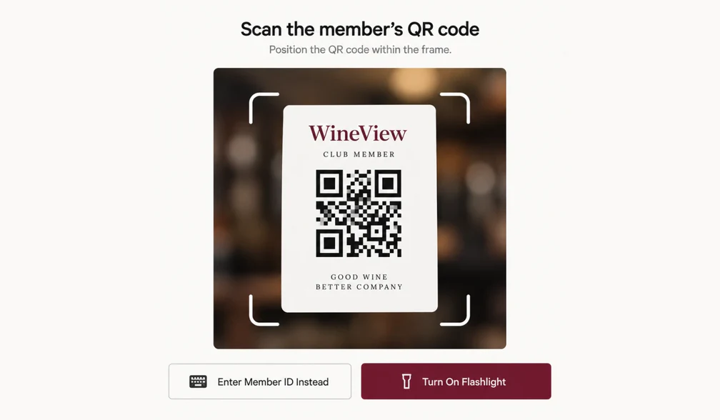 Scan screen with a WineView club member QR code inside the camera frame